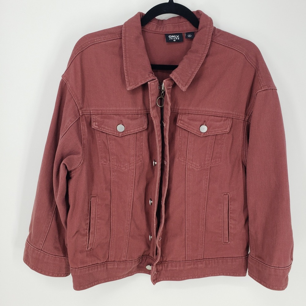 ONLY Jeans Oversized Denim Trucker Jacket Womens Sz S Rust Red Katie 100% Cotton